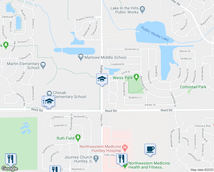 map of restaurants, bars, coffee shops, grocery stores, and more near 9913 Thornton Way in Huntley