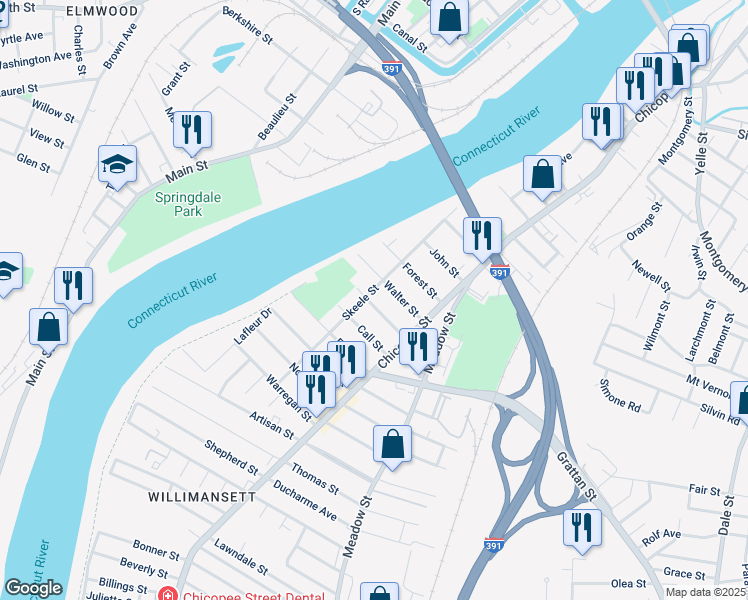 map of restaurants, bars, coffee shops, grocery stores, and more near 142 Skeele Street in Chicopee