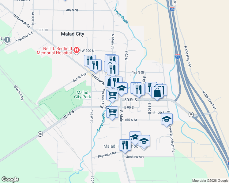 map of restaurants, bars, coffee shops, grocery stores, and more near 1-57 North Main Street in Malad City