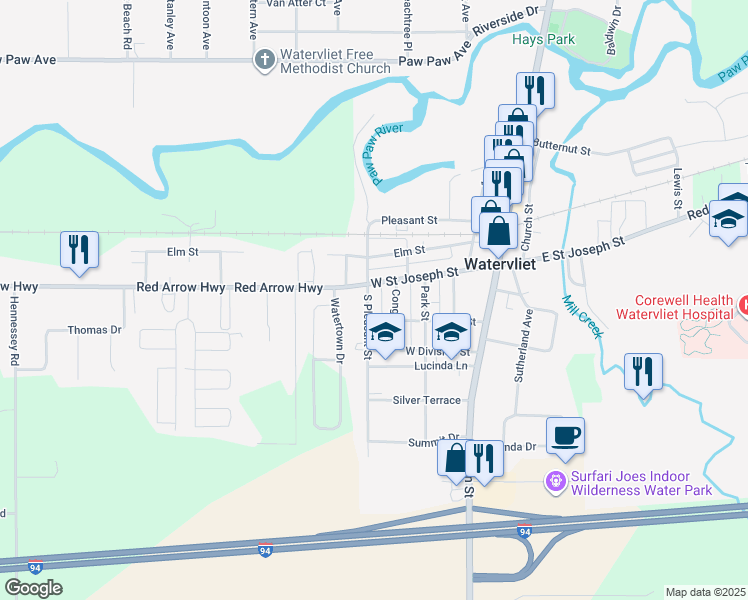 map of restaurants, bars, coffee shops, grocery stores, and more near 505 West Saint Joseph Street in Watervliet