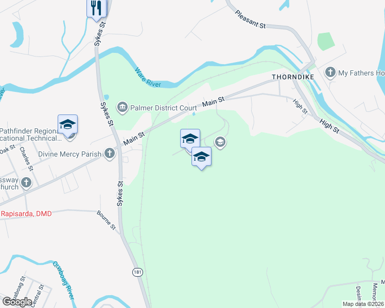 map of restaurants, bars, coffee shops, grocery stores, and more near 4107 Main Street in Palmer