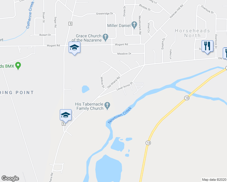 map of restaurants, bars, coffee shops, grocery stores, and more near 48 Level Acres Drive in Horseheads