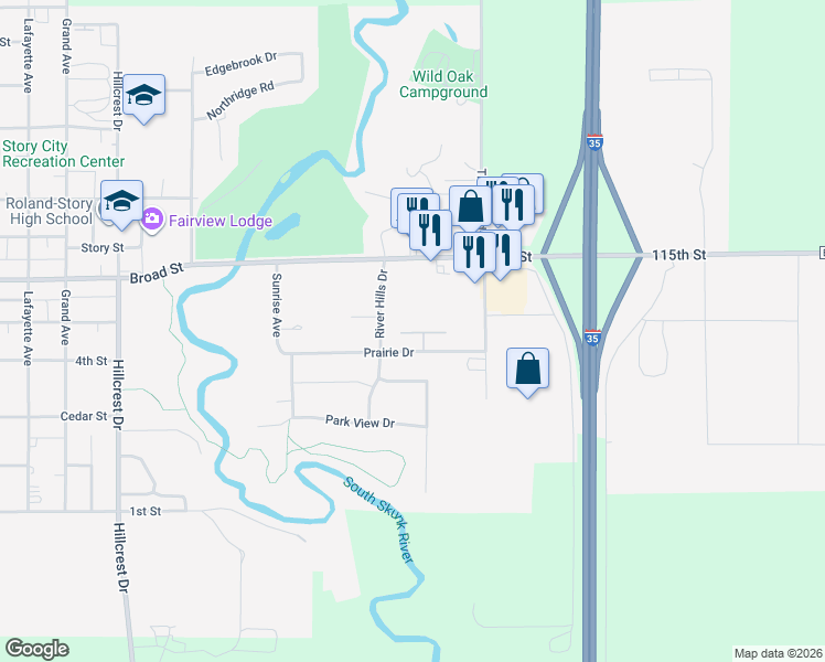 map of restaurants, bars, coffee shops, grocery stores, and more near 524 River Hills Drive in Story City