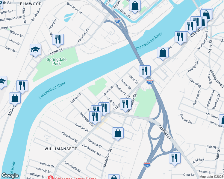 map of restaurants, bars, coffee shops, grocery stores, and more near 142 Skeele Street in Chicopee