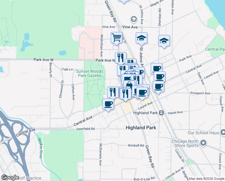 map of restaurants, bars, coffee shops, grocery stores, and more near 1850 Green Bay Road in Highland Park