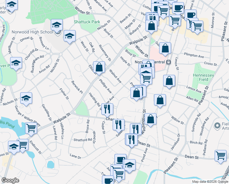 map of restaurants, bars, coffee shops, grocery stores, and more near 44 Phillips Avenue in Norwood