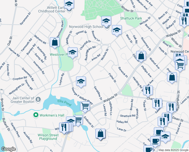 map of restaurants, bars, coffee shops, grocery stores, and more near 9 Jaybarry Lane in Norwood
