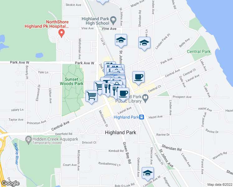 map of restaurants, bars, coffee shops, grocery stores, and more near 1825 2nd Street in Highland Park