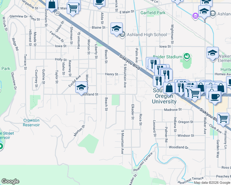 map of restaurants, bars, coffee shops, grocery stores, and more near 495 South Mountain Avenue in Ashland