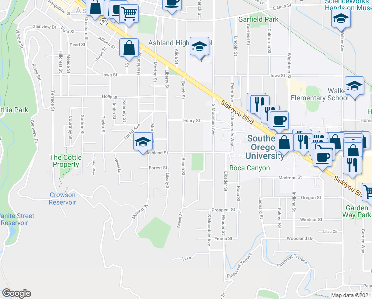 map of restaurants, bars, coffee shops, grocery stores, and more near 1007 Ashland Street in Ashland