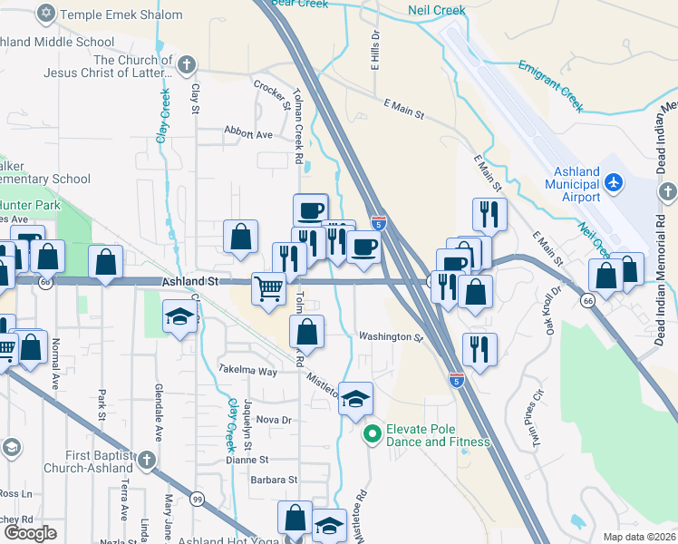map of restaurants, bars, coffee shops, grocery stores, and more near 2345 Ashland Street in Ashland