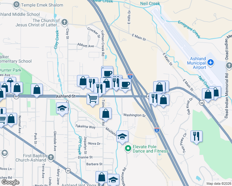 map of restaurants, bars, coffee shops, grocery stores, and more near 2345 Ashland St in Ashland