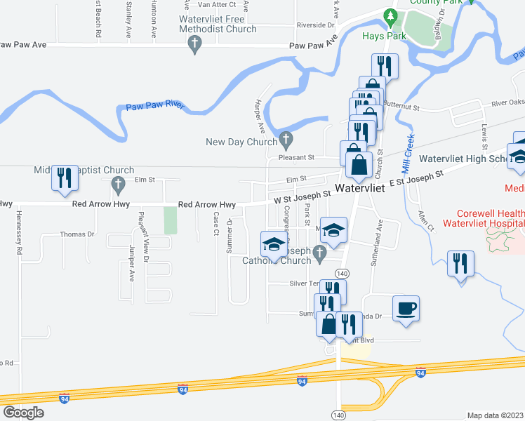 map of restaurants, bars, coffee shops, grocery stores, and more near 505 West Saint Joseph Street in Watervliet