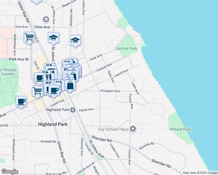 map of restaurants, bars, coffee shops, grocery stores, and more near 1852 Dale Avenue in Highland Park