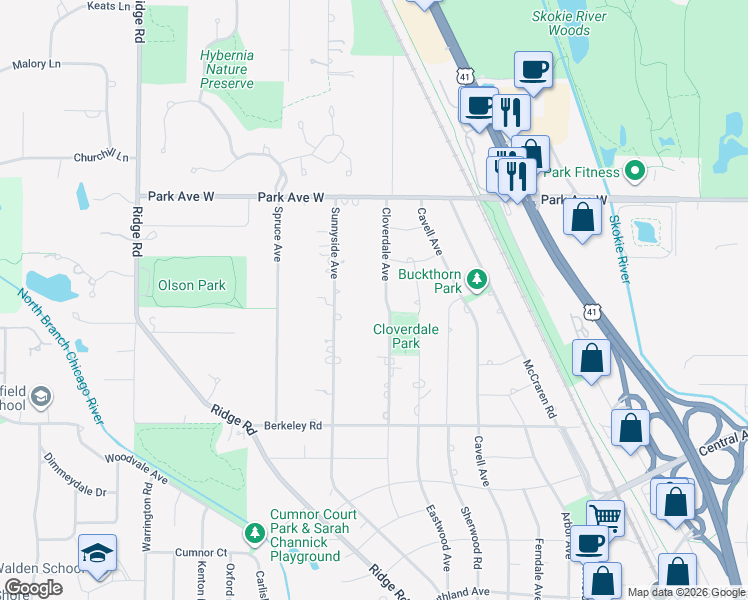 map of restaurants, bars, coffee shops, grocery stores, and more near 1820 Cloverdale Avenue in Highland Park