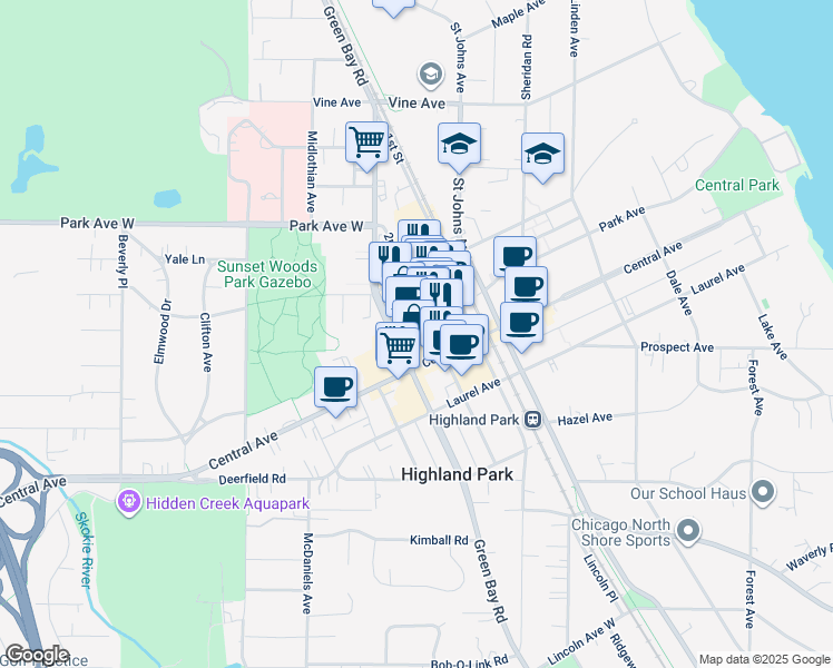 map of restaurants, bars, coffee shops, grocery stores, and more near 1849 Green Bay Road in Highland Park