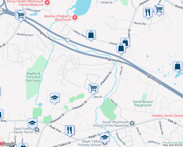 map of restaurants, bars, coffee shops, grocery stores, and more near 88 Rosemary Lane in Weymouth
