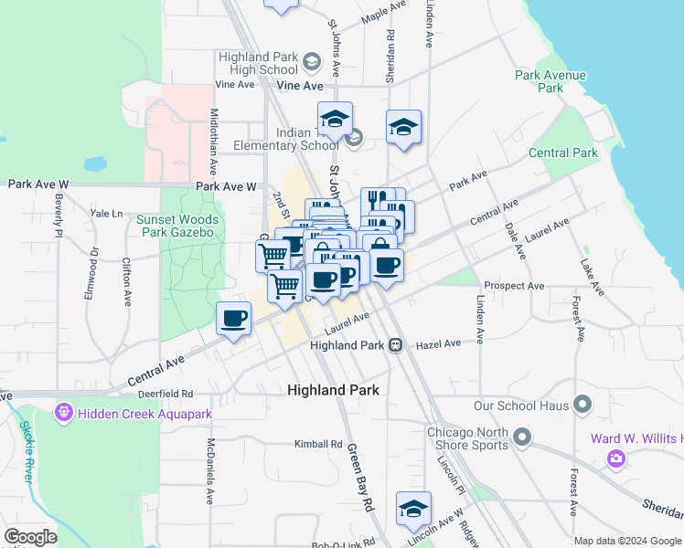 map of restaurants, bars, coffee shops, grocery stores, and more near 1835 1st Street in Highland Park