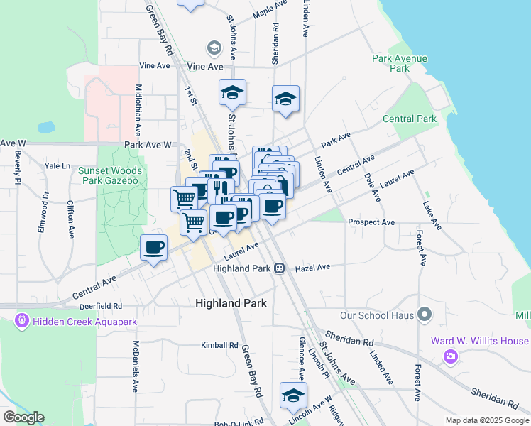 map of restaurants, bars, coffee shops, grocery stores, and more near 492 Central Avenue in Highland Park