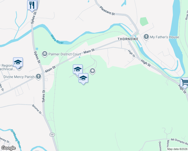 map of restaurants, bars, coffee shops, grocery stores, and more near 4105 Main Street in Palmer