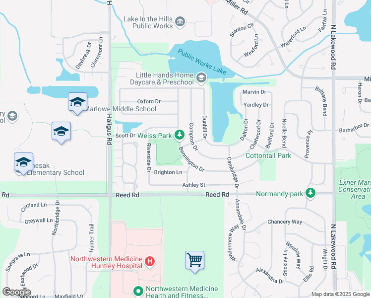 map of restaurants, bars, coffee shops, grocery stores, and more near 10198 Bennington Drive in Huntley