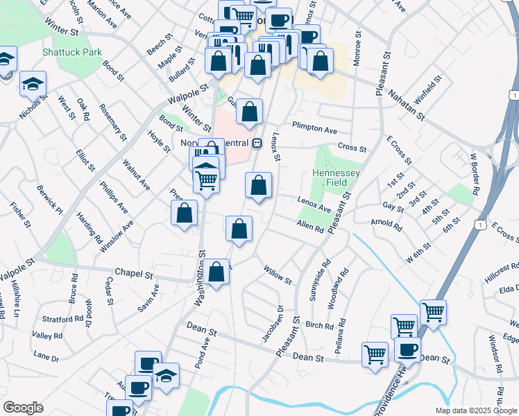 map of restaurants, bars, coffee shops, grocery stores, and more near 273 Lenox Street in Norwood