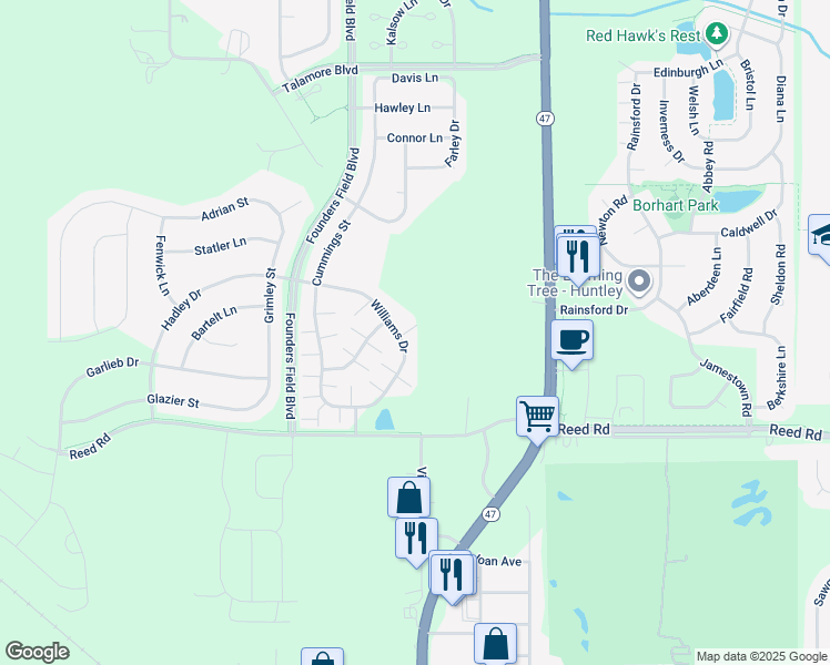 map of restaurants, bars, coffee shops, grocery stores, and more near 9884 Williams Drive in Huntley