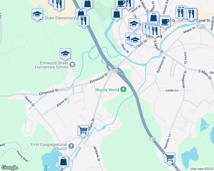 map of restaurants, bars, coffee shops, grocery stores, and more near 41 West Main Street in Millbury