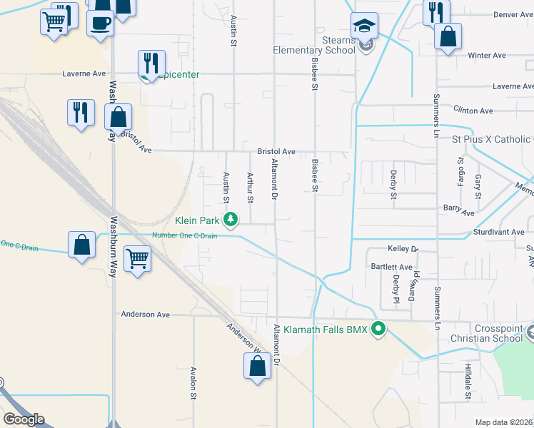 map of restaurants, bars, coffee shops, grocery stores, and more near 4426 Altamont Drive in Klamath Falls