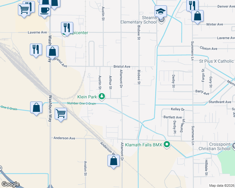 map of restaurants, bars, coffee shops, grocery stores, and more near 4426 Altamont Drive in Klamath Falls