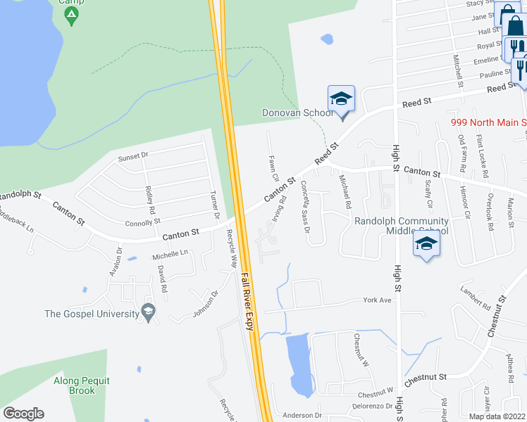 map of restaurants, bars, coffee shops, grocery stores, and more near 15 Irving Road in Randolph