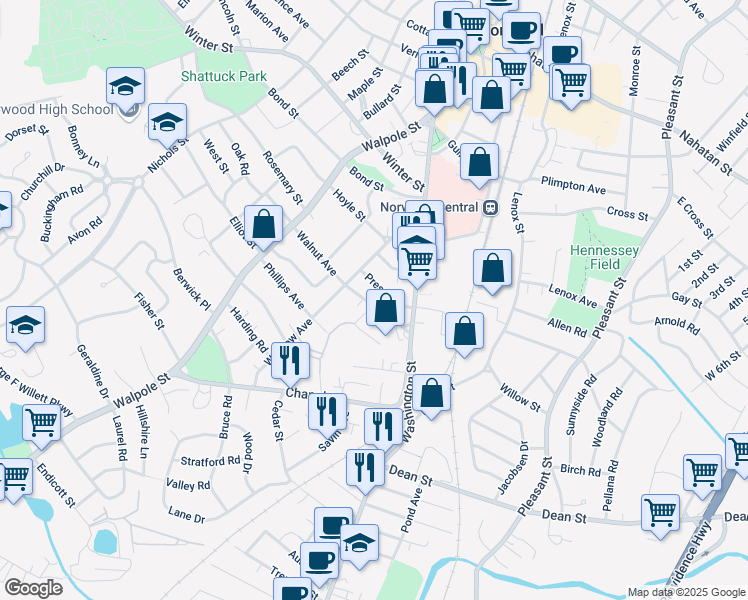 map of restaurants, bars, coffee shops, grocery stores, and more near 41 Walnut Avenue in Norwood