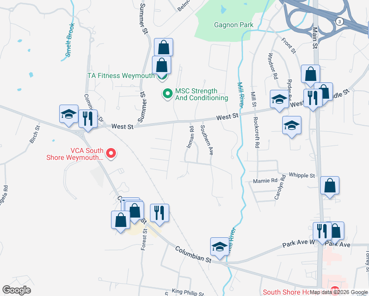 map of restaurants, bars, coffee shops, grocery stores, and more near 46 Inman Road in Weymouth