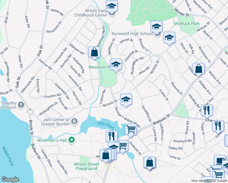 map of restaurants, bars, coffee shops, grocery stores, and more near 11 Westover Parkway in Norwood