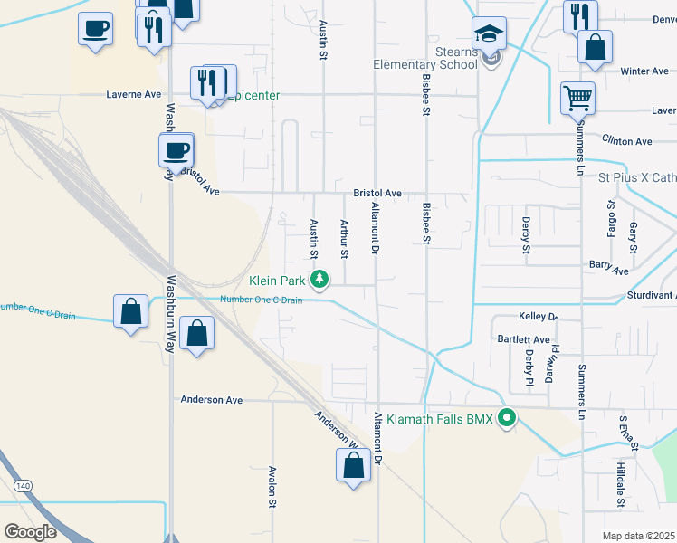 map of restaurants, bars, coffee shops, grocery stores, and more near 4444 Arthur Street in Klamath Falls