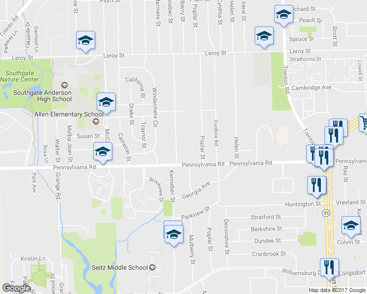 map of restaurants, bars, coffee shops, grocery stores, and more near 16743 Kennebec Street in Southgate