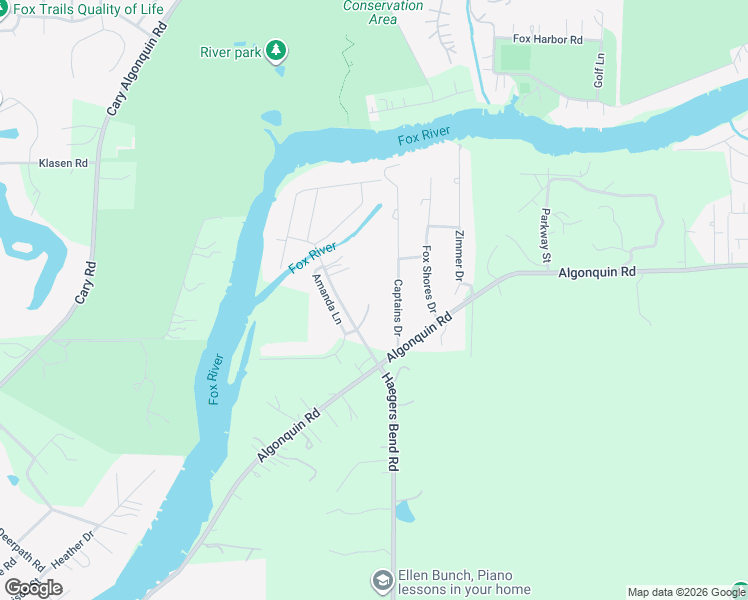map of restaurants, bars, coffee shops, grocery stores, and more near 9800 Haegers Bend Road in Algonquin