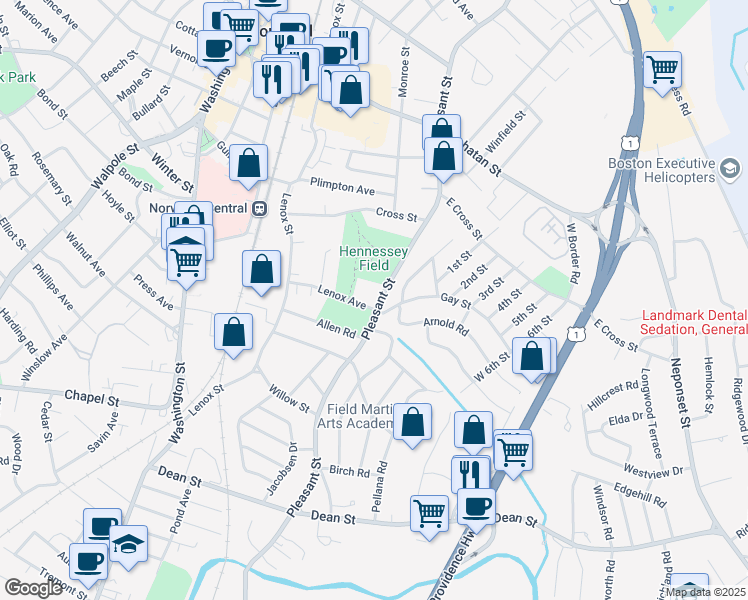 map of restaurants, bars, coffee shops, grocery stores, and more near 349 Pleasant Street in Norwood