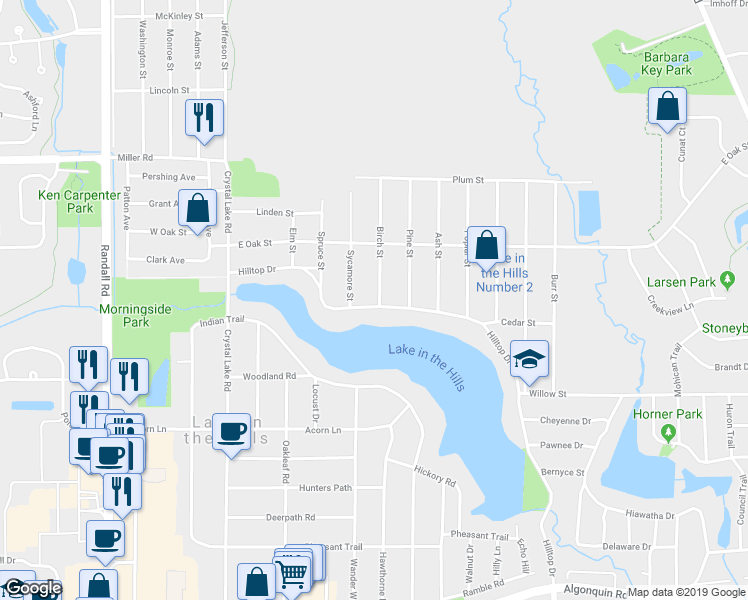 map of restaurants, bars, coffee shops, grocery stores, and more near 128 Hilltop Drive in Lake in the Hills