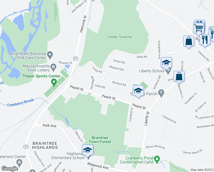 map of restaurants, bars, coffee shops, grocery stores, and more near 48 Celia Road in Braintree