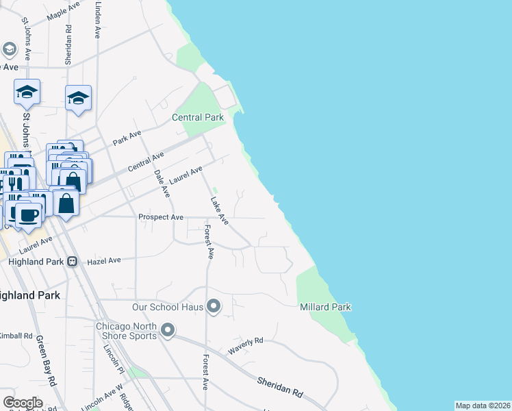 map of restaurants, bars, coffee shops, grocery stores, and more near 65 Prospect Avenue in Highland Park