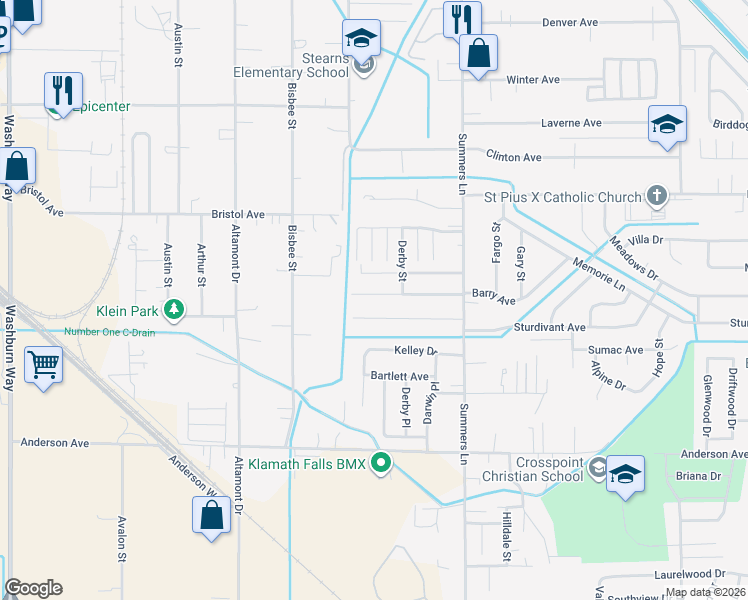 map of restaurants, bars, coffee shops, grocery stores, and more near 3862 Barry Avenue in Klamath Falls
