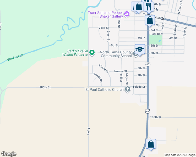 map of restaurants, bars, coffee shops, grocery stores, and more near Wilson in Traer