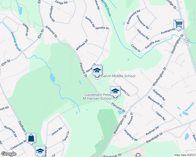 map of restaurants, bars, coffee shops, grocery stores, and more near 55 Pecunit Street in Canton