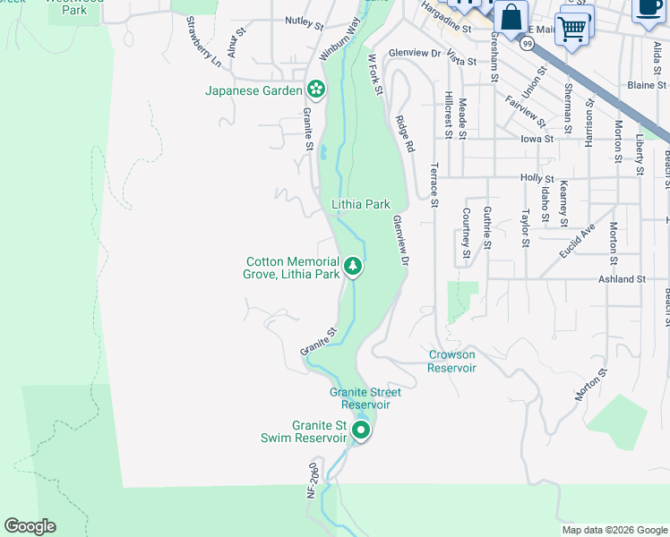 map of restaurants, bars, coffee shops, grocery stores, and more near 381 Granite Street in Ashland