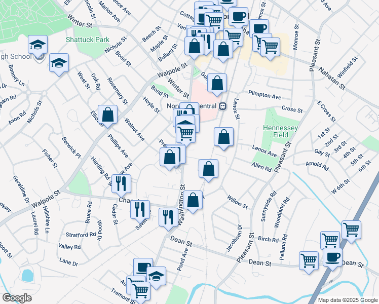 map of restaurants, bars, coffee shops, grocery stores, and more near 886 Washington Street in Norwood