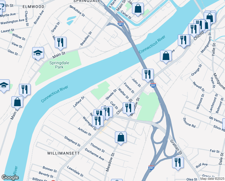 map of restaurants, bars, coffee shops, grocery stores, and more near 142 Skeele Street in Chicopee
