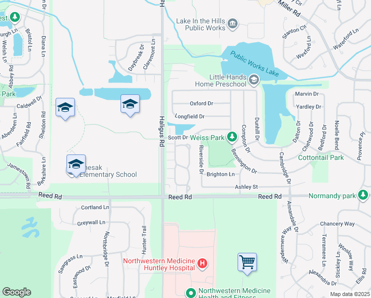 map of restaurants, bars, coffee shops, grocery stores, and more near 9889 Wakefield Lane in Huntley