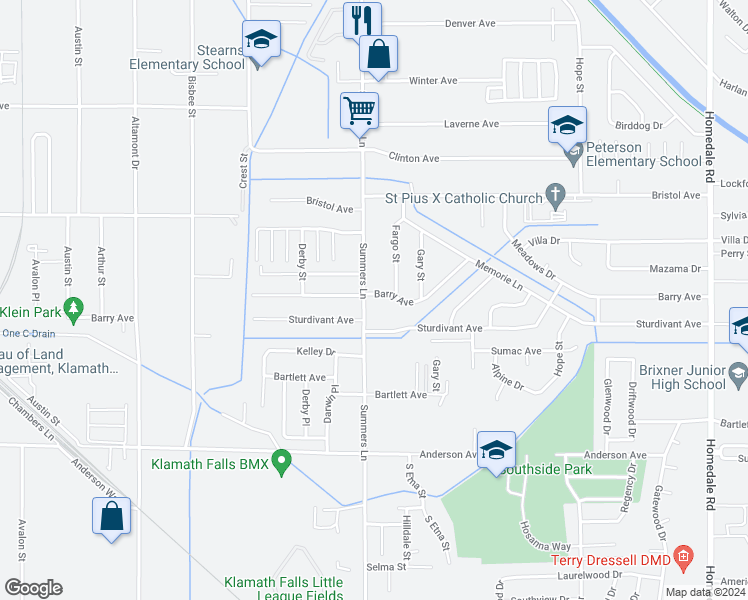 map of restaurants, bars, coffee shops, grocery stores, and more near 4405 Summers Lane in Klamath Falls