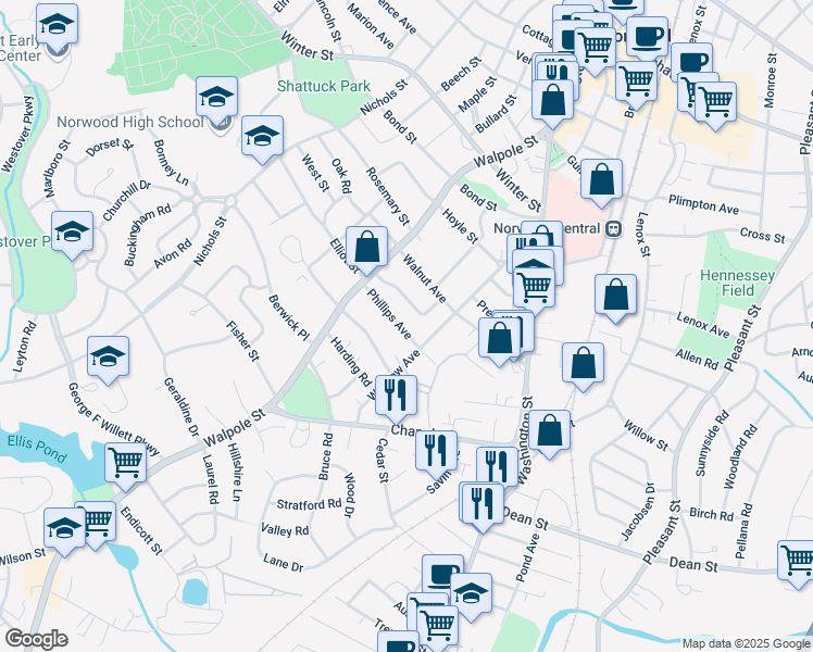 map of restaurants, bars, coffee shops, grocery stores, and more near 44 Phillips Avenue in Norwood